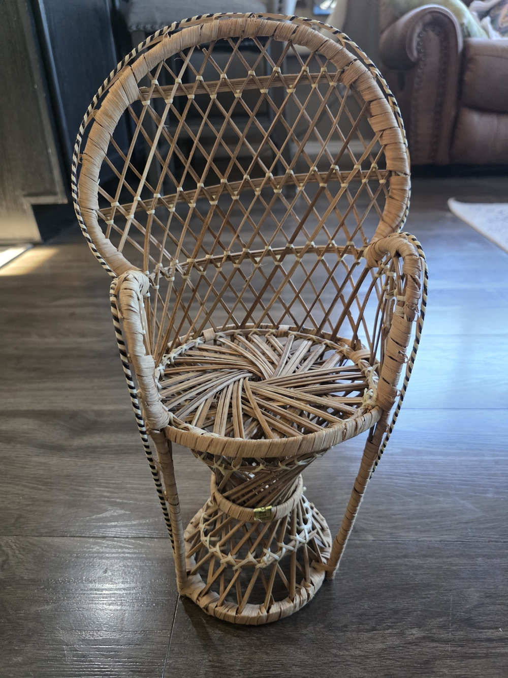 Vintage Mini Peacock Wicker Rattan Chair 16" Doll Plant Stand Boho Decor